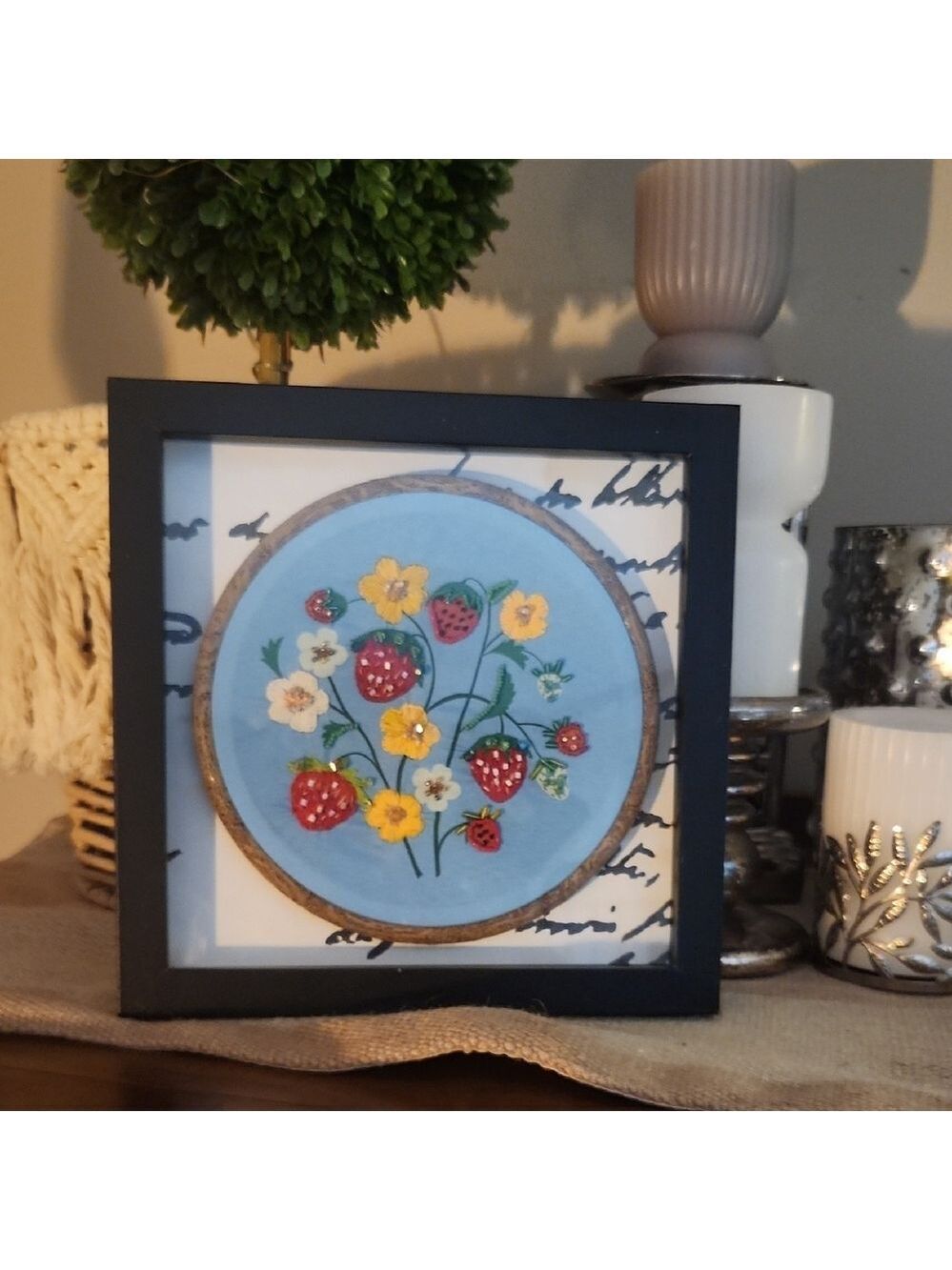 Floral Strawberry Mixed Media Art in Black Frame